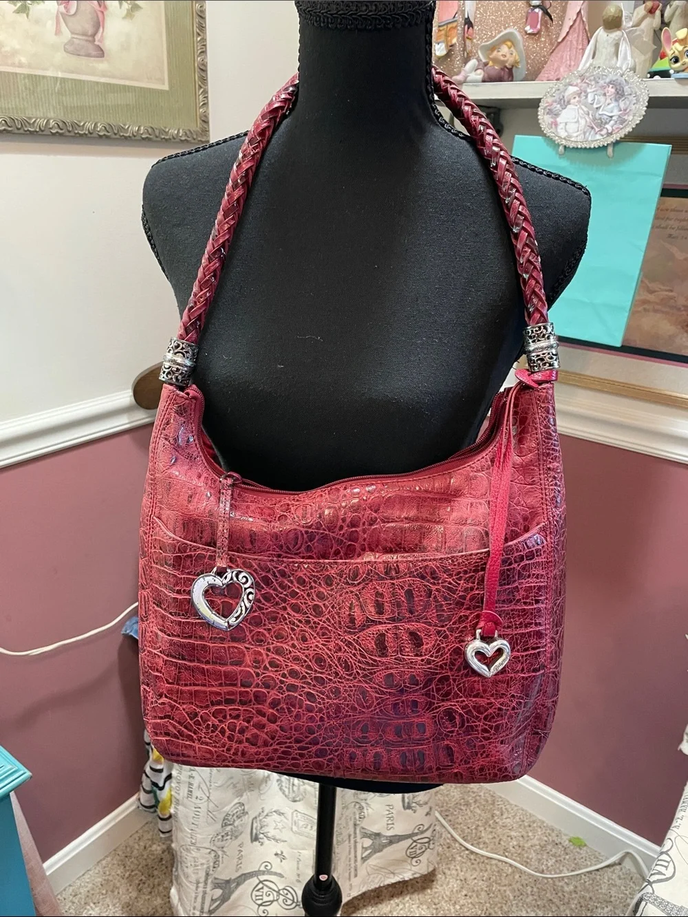 Red Textured Brighton Shoulder Bag with Heart Charms